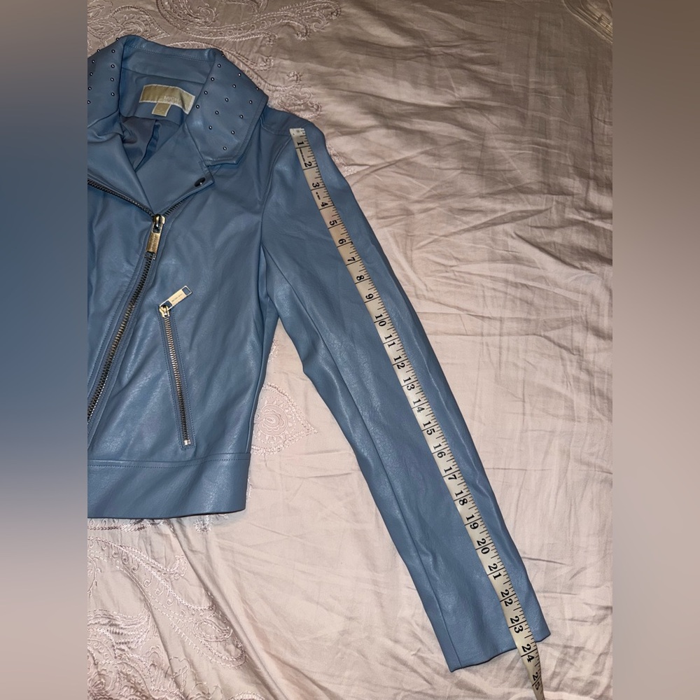 Michael Kors Light Blue Faux Leather Moto Jacket Zip Front Biker Style Size S - Picture 9 of 9